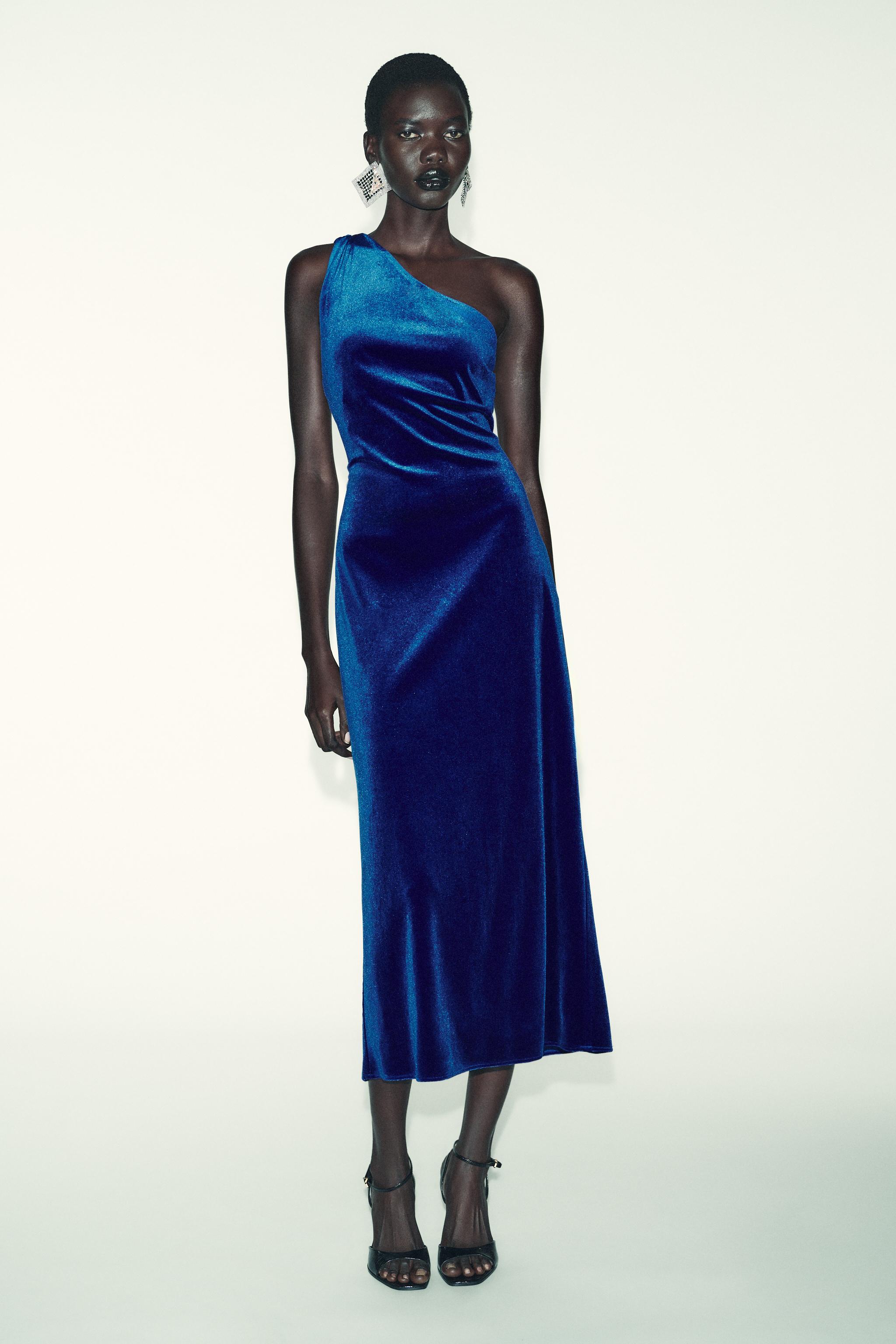 ASYMMETRIC VELVET MIDI DRESS